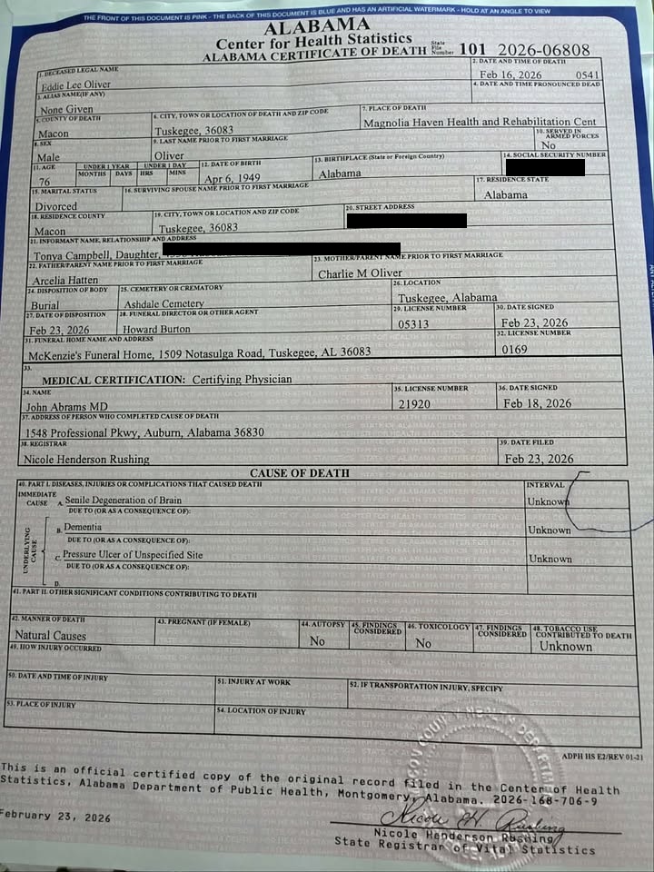 Redacted Alabama Certificate of Death for Eddie Lee Oliver showing pressure ulcer as underlying cause of death